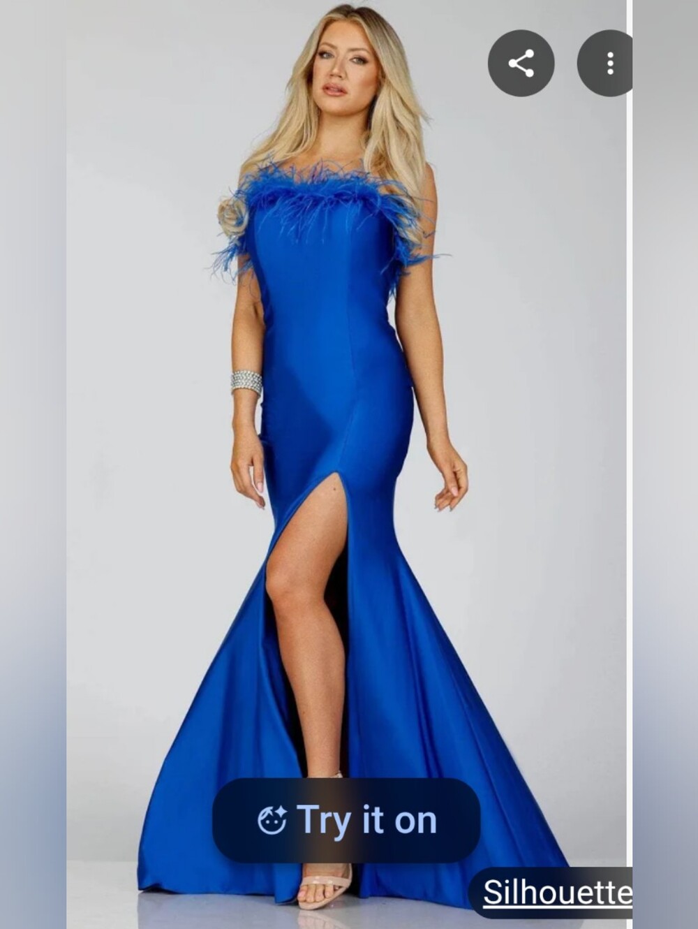 NWT Terani Couture 231P0067 Royal Blue Feather Trim Satin Mermaid Gown 6 $488